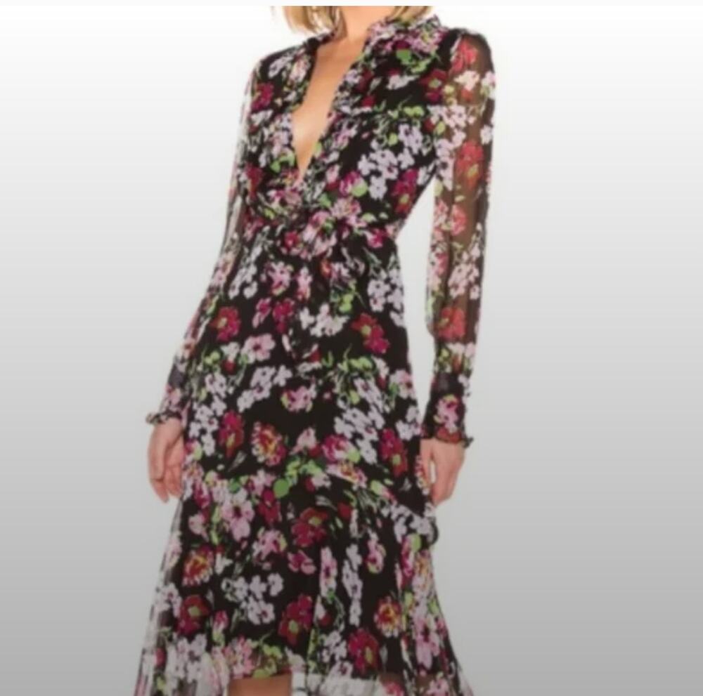 EQUIPMENT FEMME Palo 100% Silk Sheer Floral Long Sleeve Assymetric Hem Dress